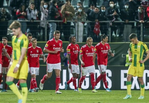 Benfica players celebrate a goal against Tondela during their Portuguese First League soccer match, held at Joao Cardoso stadium, in Tondela, Portugal, 7 February 2022. PAULO NOVAIS/LUSA