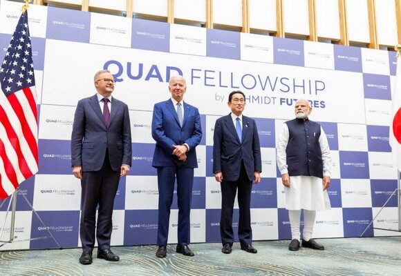Australian Prime Minister Anthony Albanese, U.S. President Joe Biden, Japanese Prime Minister Fumio Kishida and Indian Prime Minister Narendra Modi attend the Japan-U.S.-Australia-India Fellowship Founding Celebration event, in Tokyo, Japan, May 24, 2022. Yuichi Yamazaki/Pool via REUTERS