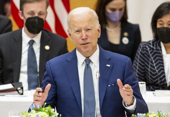 epa09970770 US President Joe Biden attends the QUAD leaders' summit in Tokyo, Japan, 24 May 2022. President Biden arrived in Japan after his visit to South Korea, part of a tour of Asia aimed at reassuring allies in the region.  EPA/Yuichi Yamazaki / POOL
