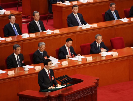 epa11197881 Chairman of the Chinese People's Political Consultative Conference Wang Huning (front) delivers his speech during the opening ceremony of the second session of the 14th Chinese People's Political Consultative Conference (CPPCC) National Committee at the Great Hall of the People in Beijing, China, 04 March 2024. China's major annual political meetings, known as 'Lianghui' or 'Two Sessions,' begin on 04 March with the opening of the Chinese People's Political Consultative Conference (CPPCC) while the National People's Congress (NPC) will open on 05 March.  EPA/WU HAO