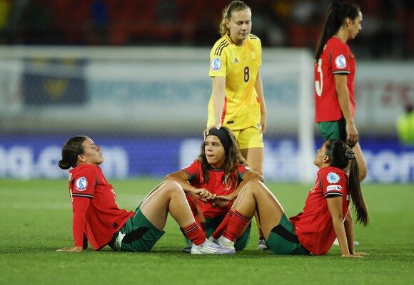 epa12232966 Portugal's Kika Nazareth (R), Telma Encarnacao (L) and Andreia Jacinto react at the end of the  UEFA Women's EURO 2025 Group B soccer match between Portugal and Belgium at the stade de Tourbillon stadium in Sion, Switzerland, 11 July 2025.  EPA/NUNO VEIGA  EDITORIAL USE ONLY  EDITORIAL USE ONLY